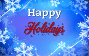 Festive holiday greeting with snowflakes and bright blue background for CAES News.