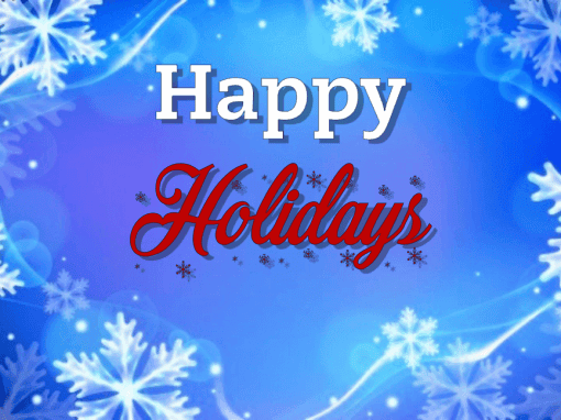 Festive holiday greeting with snowflakes and bright blue background for CAES News.