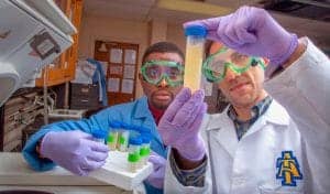 Scientists conducting experiments with test tubes and laboratory equipment.