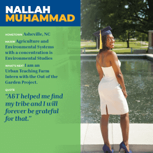 Nallah Muhammad, graduate in Environmental Studies, standing outdoors in a white dress and graduatio.