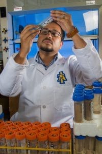 A scientist conducting a laboratory experiment with test tubes and scientific equipment.