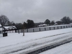 A lush snow-covered landscape with a black wooden fence and trees in the background.