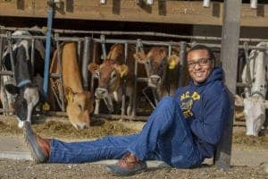 Cattle farm worker sitting with cows in a barn, smiling and relaxed.