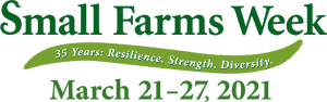 A vibrant banner for Small Farms Week highlighting the event dates and celebrating resilience, stren.
