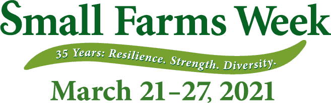 A vibrant banner for Small Farms Week highlighting the event dates and celebrating resilience, stren.