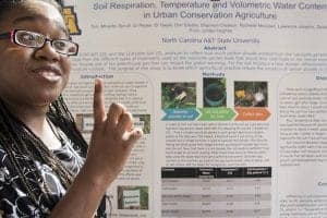 Student in glasses presenting a research poster titled 'Soil Respiration, Temperature and Volumetric Water Content in Urban Conservation Agriculture'