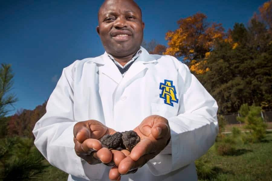 Soil scientist holding soil samples outdoors in a park or field.