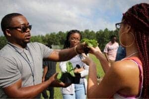 Young woman handing plant seedling to man during outdoor community gardening event.