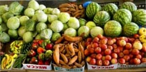 Fresh green and yellow zucchinis, watermelons, sweet potatoes, and apples displayed at a market stal.