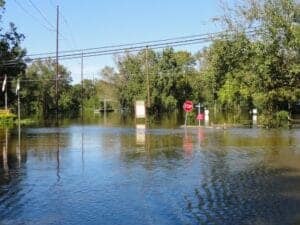 Flooded street with submerged stop sign and trees in the background, illustrating severe flood condi.