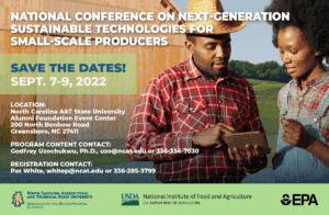 High-tech farmers discussing sustainable agriculture at conference; North Carolina event for small-s.