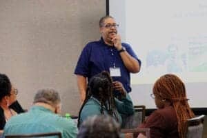 Empowered speaker presenting at CAES News conference on natural resources and environmental sustaina.