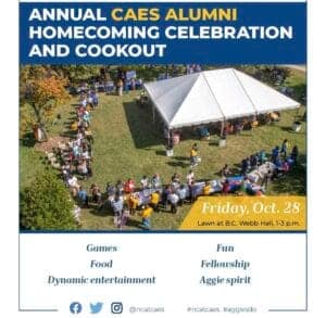 Enjoying CAES alumni homecoming celebration outdoors at B.C. Webb Hall with games, food, fun, and fe.