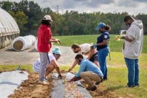 Planting community members working together on a farm with green fields and trees in the background.