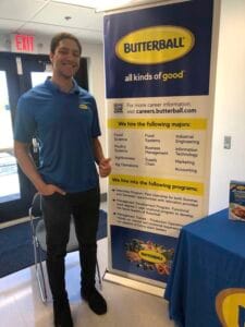 Butterball career booth at event, promoting job opportunities in food science, engineering, and mark.