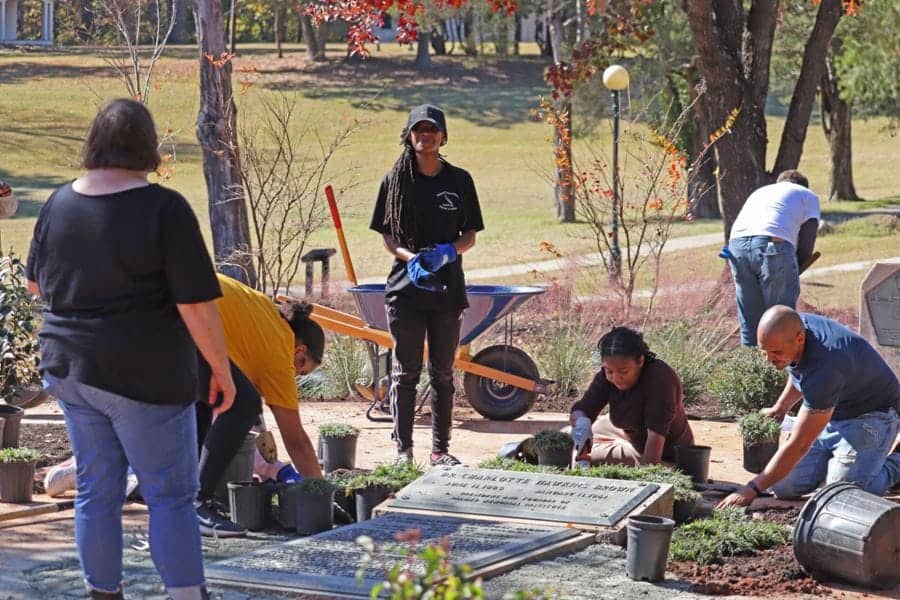 Planting volunteers working together in a community garden for environmental conservation.