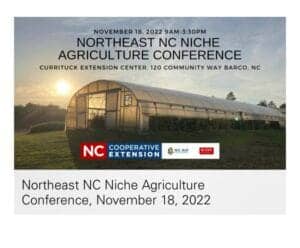 Northeast NC Niche Agriculture Conference banner with greenhouse and sunset background.