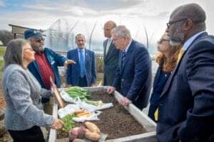 Organic farming demonstration with a group of professionals discussing sustainable agriculture pract.