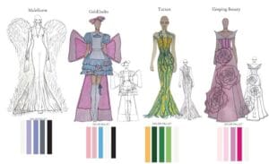 Elegant fashion sketches of fantasy-inspired dresses with color palettes and design details for crea.