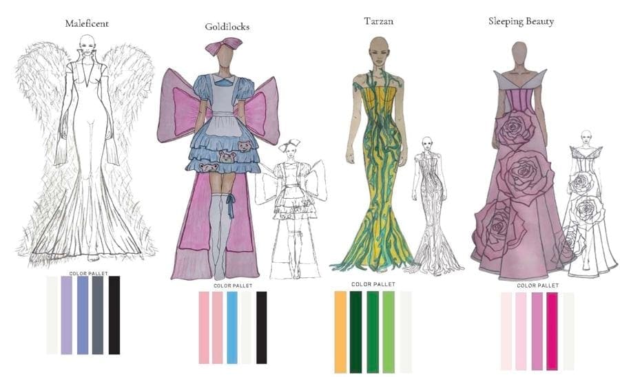 Elegant fashion sketches of fantasy-inspired dresses with color palettes and design details for crea.