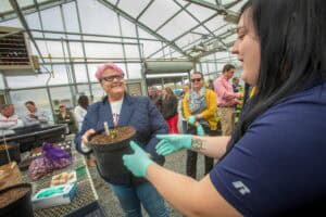 A lush greenhouse with people engaging in gardening activities and plant care.