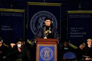 Graduation speaker delivering speech at North Carolina Agricultural and Technical State University c.