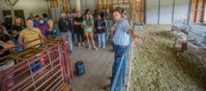 Cattle farmer explaining livestock management to visitors at a farm event.