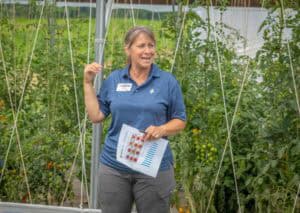 Bright woman in a greenhouse explaining tomato plant growth, holding a chart, surrounded by lush gre.