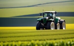 Green tractor driving across striped fields of green and yellow crops
