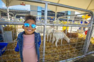 Bright smiling girl with blue sunglasses at petting zoo with goats and hay, outdoor family-friendly.
