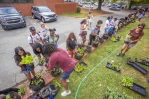 Planting community members working together in a garden, planting various vegetables and flowers alo.