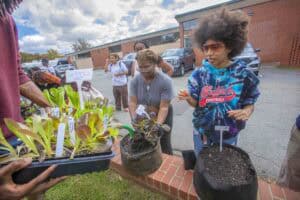 Brightly dressed students planting seedlings outdoors during a community gardening event.