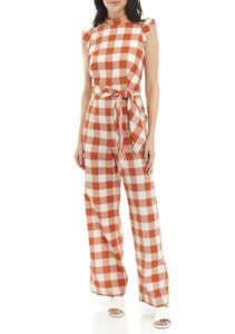 Bright orange and white checkered sleeveless jumpsuit with a waist tie, stylish and comfortable for.