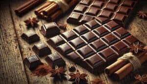 Rich, dark chocolate bars with cinnamon sticks and star anise on rustic wooden surface.