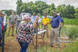 Planting demonstration at CAES News agricultural event with diverse participants and expert guidance.
