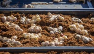 Close-up view of healthy ginger rhizomes displayed in trays filled with soil. The ginger is shown in various stages of growth, with some rhizomes sprouting small green shoots. The display is part of a field day event at a horticulture unit.