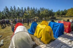Rows of low tunnels covered with colored shades—red, blue, yellow, and white—are set up as part of a ginger farming demonstration. In the background, Ph.D. student William Lashley explains the effects of the shades to a group of farmers gathered under a row of trees. The scene is set in an open field under a clear blue sky.
