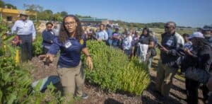 Hannah Talton, wearing a blue polo shirt and glasses, gestures while giving a presentation in a community garden. She stands near raised beds of plants as a group of participants listens attentively, some holding notebooks or phones. The group is diverse, with individuals wearing casual attire, including hats and jackets. In the background, a building, vehicles, and fields are visible under a bright blue sky.