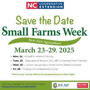 Save the Date graphic for Small Farms Week, March 23–29, 2025. Hosted by NC Cooperative Extension, with events including educational forums and a Small Farms Week luncheon. Visit https://www.itzy.io/sfw2025 for more details.