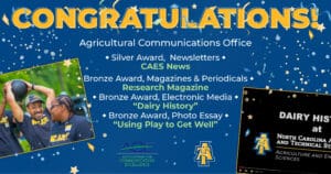 A congratulatory graphic for the Agricultural Communications Office displaying awards for newsletters, magazines, electronic media, and photo essay. Includes images of smiling people and a presentation screen. N.C. A&T and ACE logos appear.