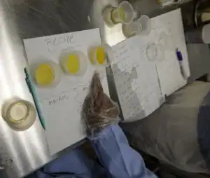 A hand wearing a glove points to a recipe on paper, surrounded by cups of liquid and notes on a stainless steel surface. The paper outlines macros and micros for the recipe.
