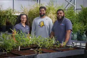 Three individuals stand in a greenhouse surrounded by potted plants. They are smiling and wear casual clothing, with two in branded shirts. The atmosphere is bright and focused on agricultural work.