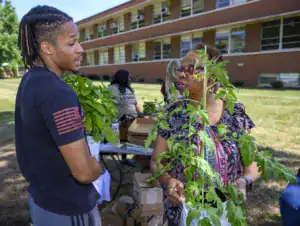 A young man and an older woman converse outdoors, discussing plants. The woman holds a potted tomato plant, while greenery is visible around them. In the background, a brick building and more people in the park can be seen.