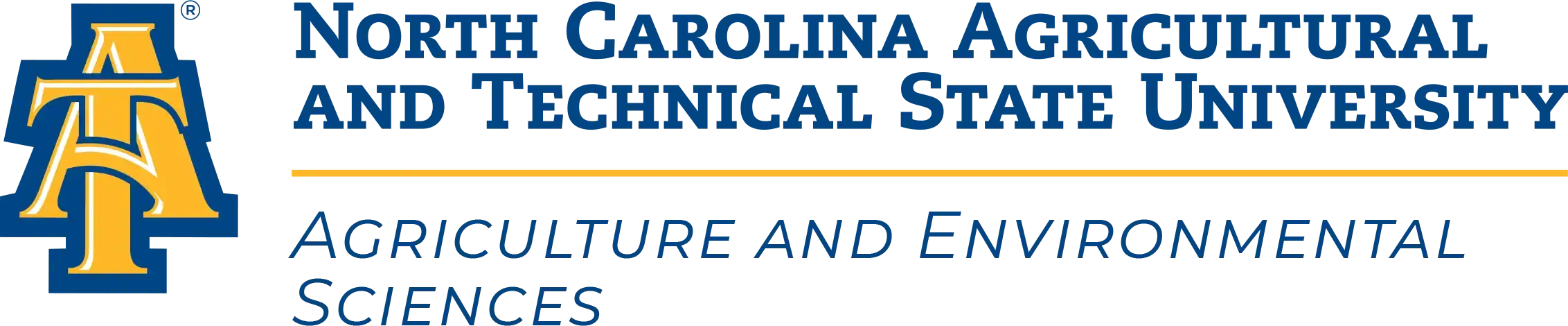 Logo for North Carolina Agricultural and Technical State University featuring the letters "A&T" above the university name and the phrase "Agriculture and Environmental Sciences.