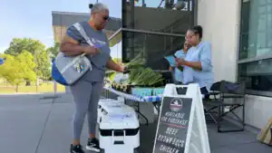 A woman inspects fresh produce at a market stall, while another woman handles paperwork. A sign lists items for sale, including beef, brown eggs, chicken, and pork.