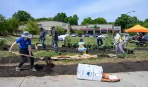 Volunteers are planting and landscaping in a grassy area near stores. Several people are using tools and arranging plants, while others work on the ground. An orange tent is visible in the background.