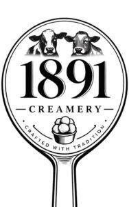 Creamery logo featuring two cows, the year 1891, and a bowl of ice cream, emphasizing tradition and.