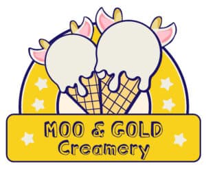 Creamery logo featuring two cow heads with ice cream cones, yellow background, and "Moo & Gold Cream.