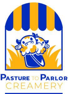Pasture to Parlor Creamery logo with cows under a yellow and blue striped awning.